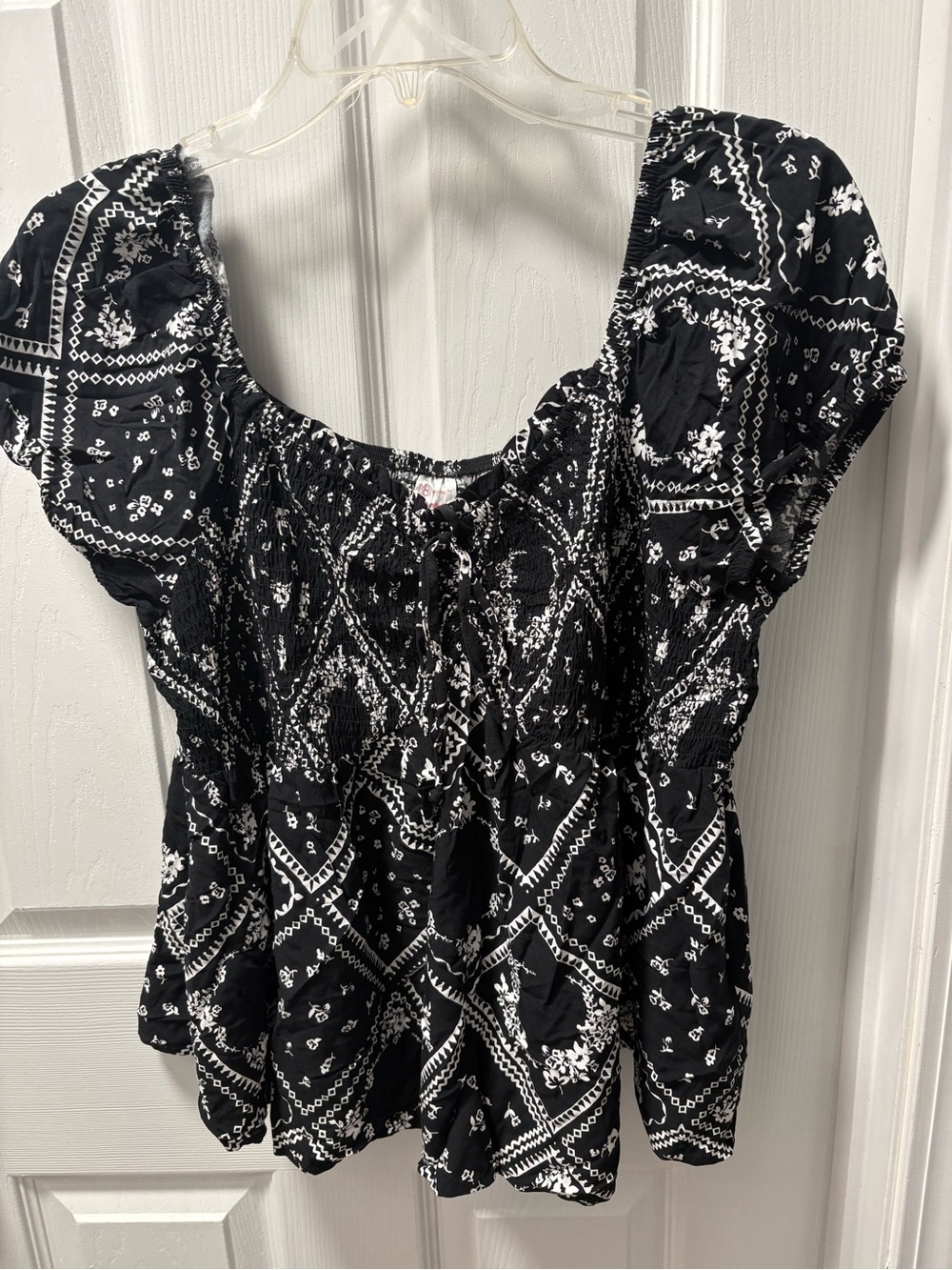 No Boundaries Black and White Smocked Peplum Square-Neck Top